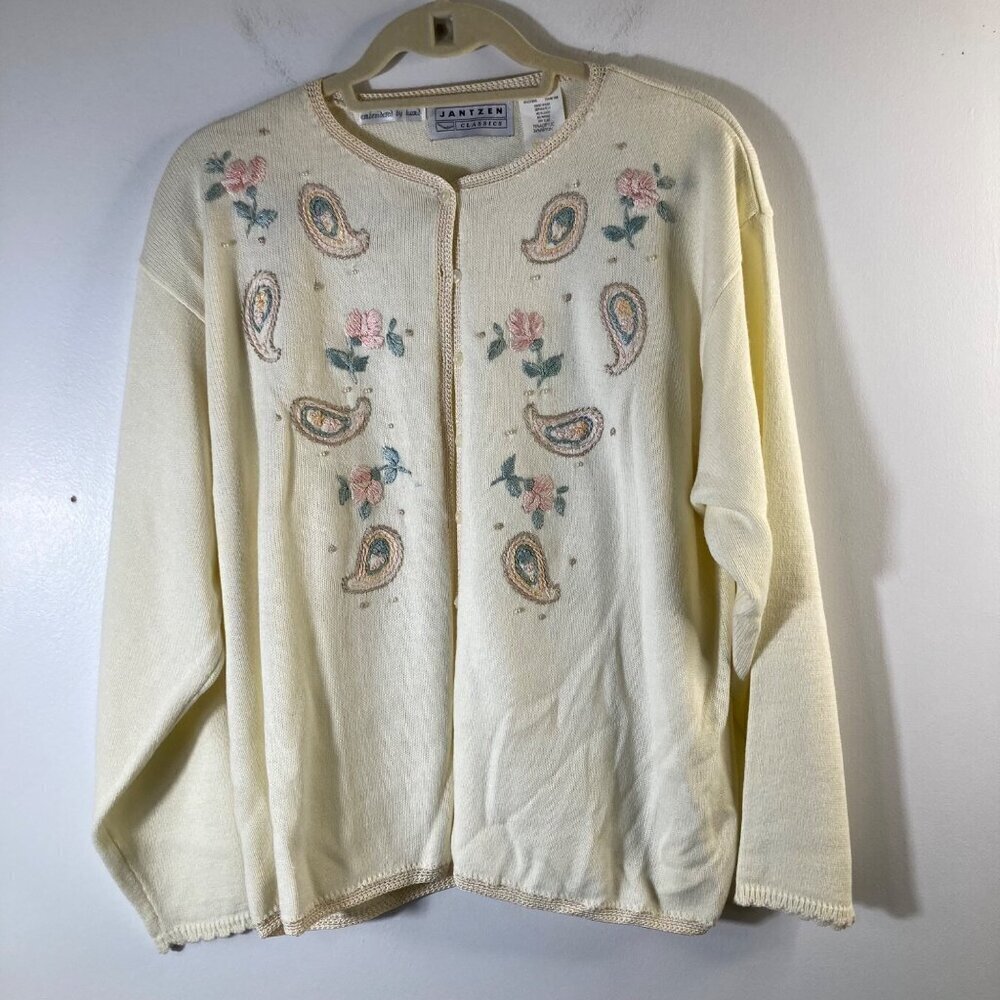 Womens Vintage Jantzen Hand Embroidered Cardigan Cream Floral Paisley XL